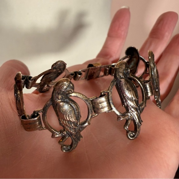 Antique Victorian deco gold vermeil Sterling silver bird parrot wide bracelet - Picture 13 of 17